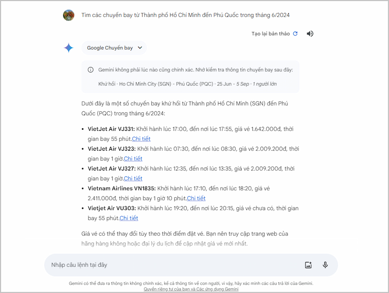 Tìm chuyến bay nhanh chóng với Google Gemini