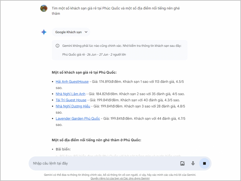 Tìm khách sạn dễ dàng với Google Gemini