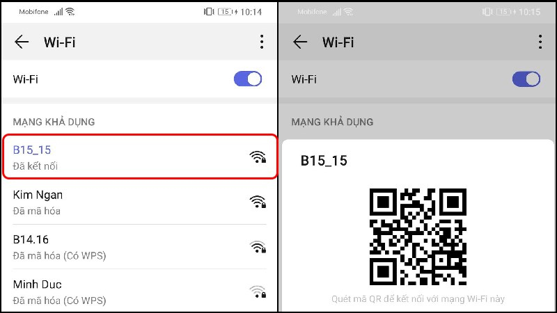 Bấm vào box Wifi bạn đang truy cập và chụp ảnh mã QR 