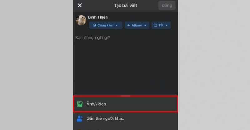 Bấm thêm bài viết và chọn ảnh/video