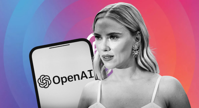 Scarlett Johansson và logo OpenAI đằng sau.  Minh họa: Newsx