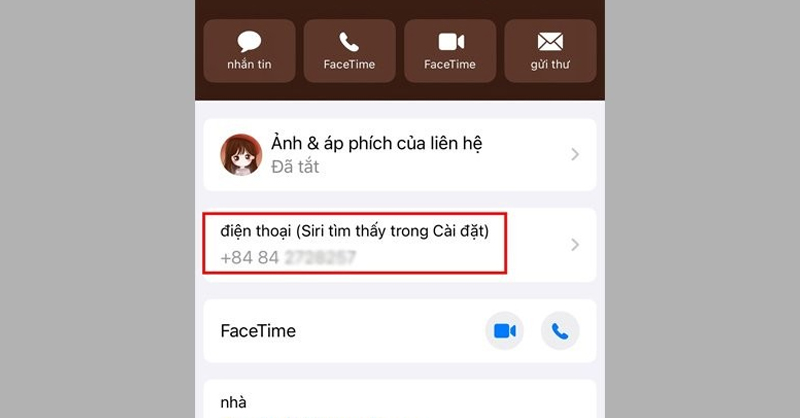 Số điện thoại sẽ xuất hiện ở phần điện thoại