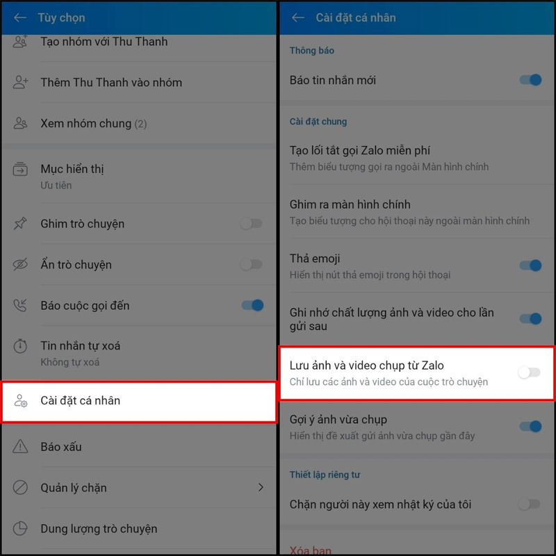 Tắt lưu ảnh, video quay từ Zalo cho mọi cuộc trò chuyện