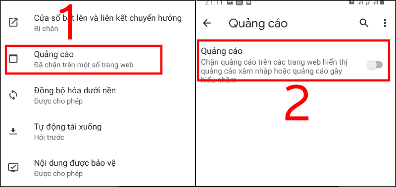 Tắt tùy chọn quảng cáo bằng cách trượt thanh trượt sang trái