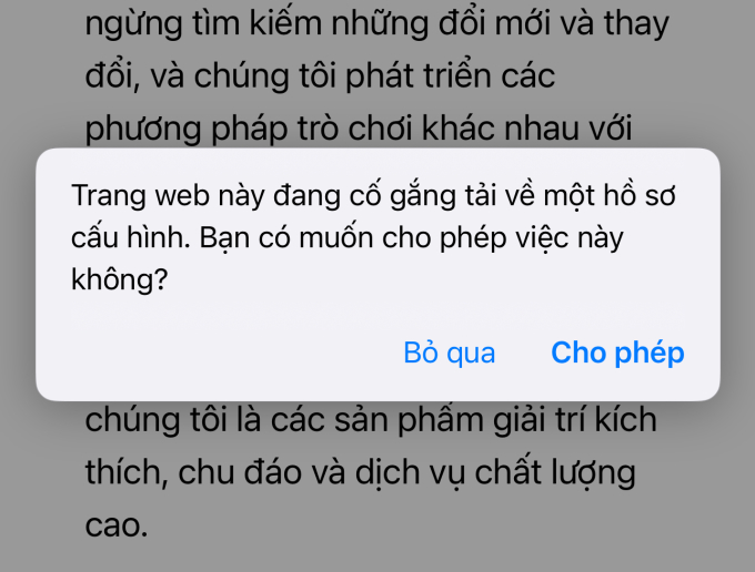 Trang web yêu cầu người chơi tải xuống các tệp cấu hình để cài đặt phần mềm, điều này có thể gây nguy cơ chiếm quyền điều khiển thiết bị. ảnh chụp màn hình