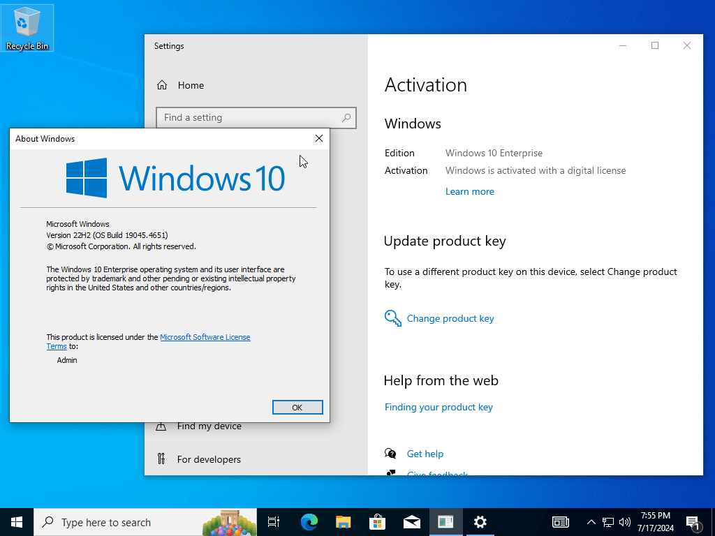 Windows 10 Enterprise 22H2 build 19045.4651 Preactivated Multilingual July 2024 [AppDoze]