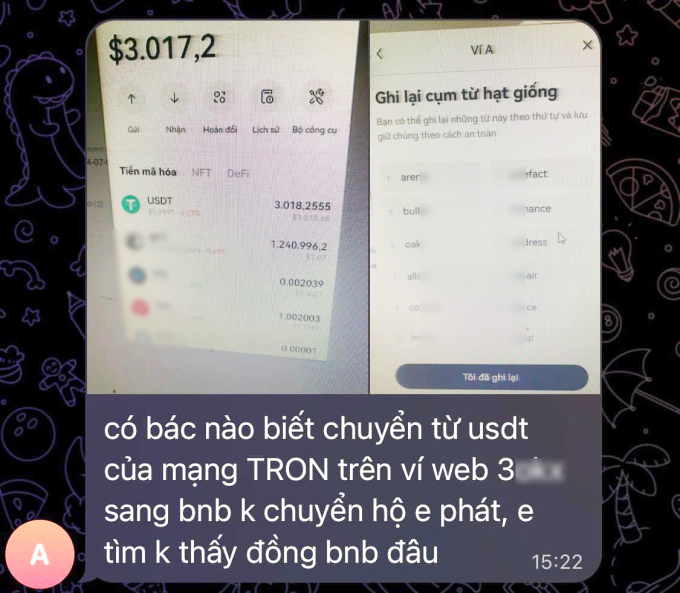 Ảnh chụp màn hình một bài đăng trong nhóm Telegram công khai khả năng ghi nhớ để người khác đăng nhập vào ví. Ảnh: Lan Hoàng