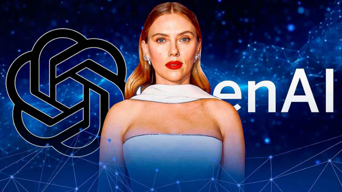 Scarlett Johansson và logo OpenAI đằng sau.  Minh họa: ClutchPoints