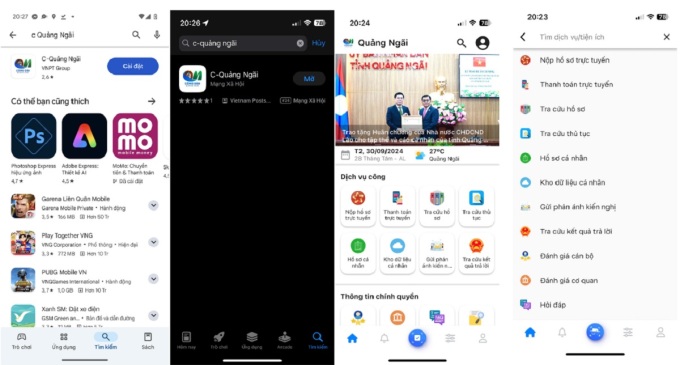 C - Quảng Ngãi trên Google Play, AppStore và giao diện ứng dụng sau khi tải về. ảnh chụp màn hình