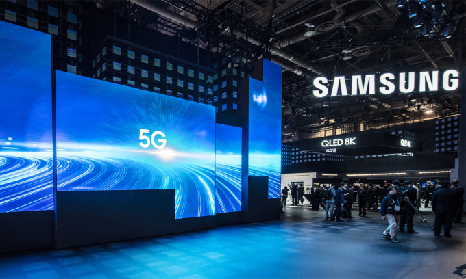 Biểu tượng 5G trên gian hàng của Samsung tại hội chợ công nghệ. Ảnh: Sam Mobile