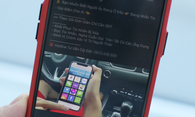 Quảng cáo về phần mềm theo dõi vị trí và đọc tin nhắn đã được đăng trên Facebook. Ảnh: Nguyễn Huệ