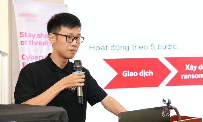 Anh Nguyễn Đức Kiên chia sẻ thông tin về ransomware tại Security Bootcamp 2024. Ảnh: Uyên Nguyễn