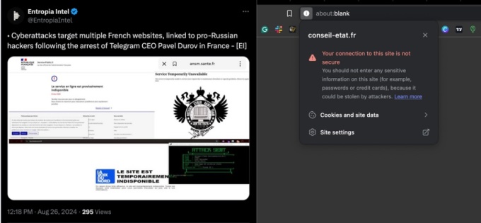 Vào ngày 26 tháng 8, nhiều trang web liên quan đến chính phủ Pháp đã bị tấn công DDoS. Nguồn: Entropia Intel, Cointelegrpah