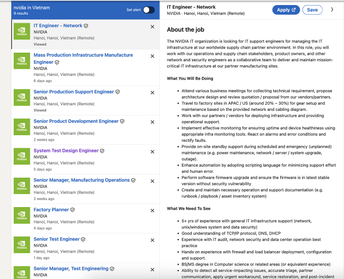 Nvidia đã đăng tuyển dụng tại Việt Nam. ảnh chụp màn hình