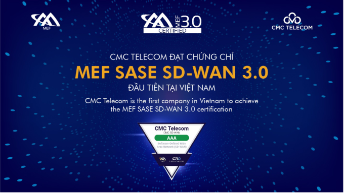 Công ty Việt Nam đầu tiên có được chứng chỉ MEF Sase SD-WAN 3.0 2 Công ty Việt Nam đầu tiên có được chứng chỉ MEF Sase SD-WAN 3.0 CMC Telecom là đơn vị đầu tiên tại Việt Nam nhận được chứng nhận MEF SAS SD-WAN 3.0 và nhận 3 điểm AAA. Ảnh: CMC Telecom