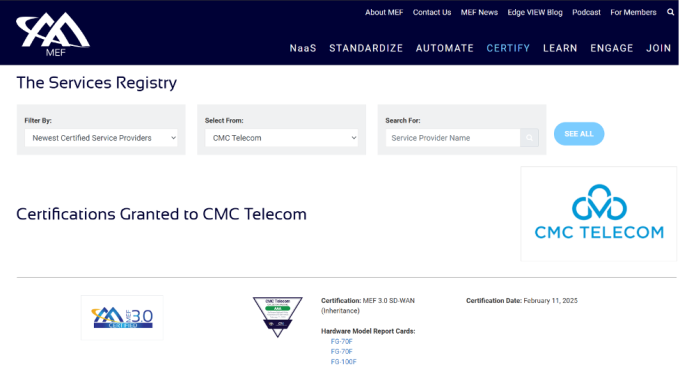 Công ty Việt Nam đầu tiên có được chứng chỉ MEF Sase SD-WAN 3.0 3 Công ty Việt Nam đầu tiên có được chứng chỉ MEF Sase SD-WAN 3.0 MEF SASE SD-WAN 3.0 CMC Chứng chỉ Viễn thông có trên trang web của MEF. Ảnh: Ảnh chụp màn hình