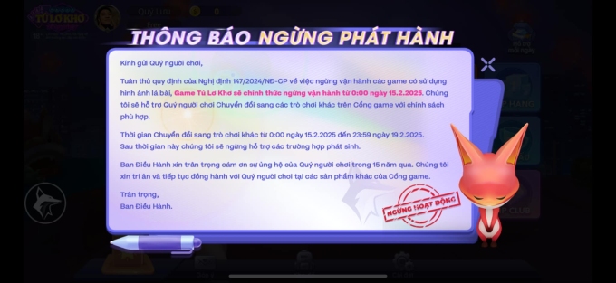 VNG chơi trò chơi bài 2 VNG chơi trò chơi bài Ngừng đăng thông báo cho các trò chơi trên cổng Zingplay. Ảnh chụp màn hình