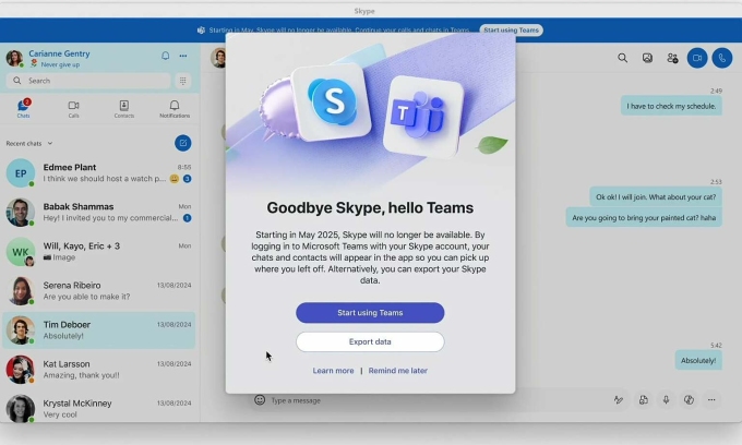 Nền tảng Skype sắp ngừng hoạt động 2 Nền tảng Skype sắp ngừng hoạt động Người dùng Skype sẽ nhận được thông báo chuyển cho nhóm. Ảnh: Microsoft